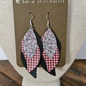 FAUX Leather Earrings, between 2.5" and 3.5" NWT, Christmas Silver/Blk